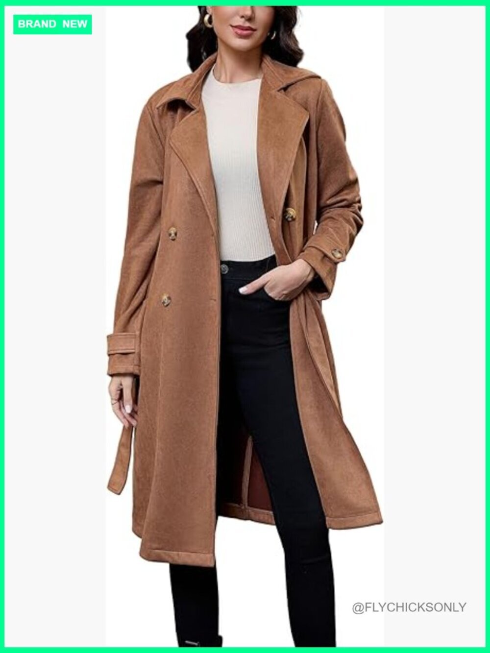 Faux Suede Trench Coat Belted Midi Overcoat Fall Winter Outerwear